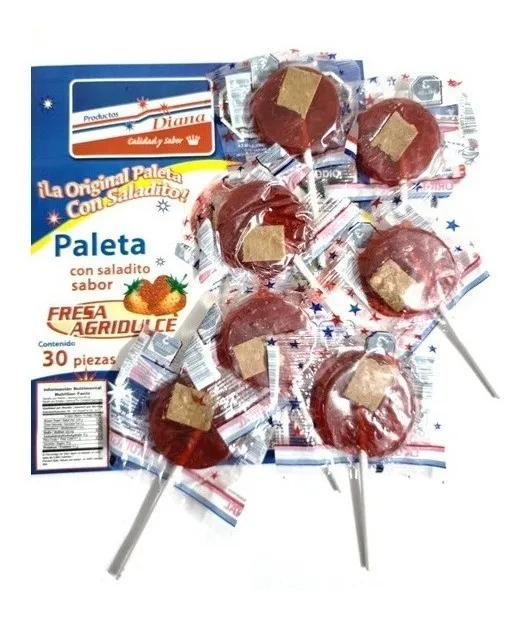 Paleta Dulce con Saladito Diana sabor Fresa Agridulce, bolsa 600 g con 30 piezas